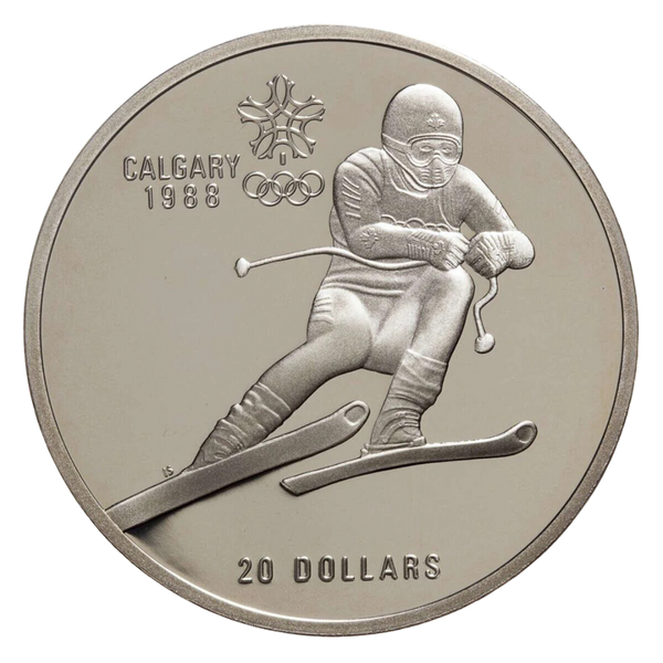$20 Calgary Olympics Downhill Skiing Silver Coin 1985