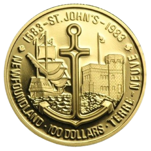 $100 Sir Humphrey Gilbert's Landing in Newfoundland 22k Gold Coin