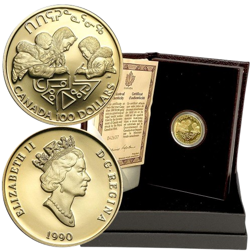 $100 International Literacy Year Gold Coin 1990 with Box and Certificate
