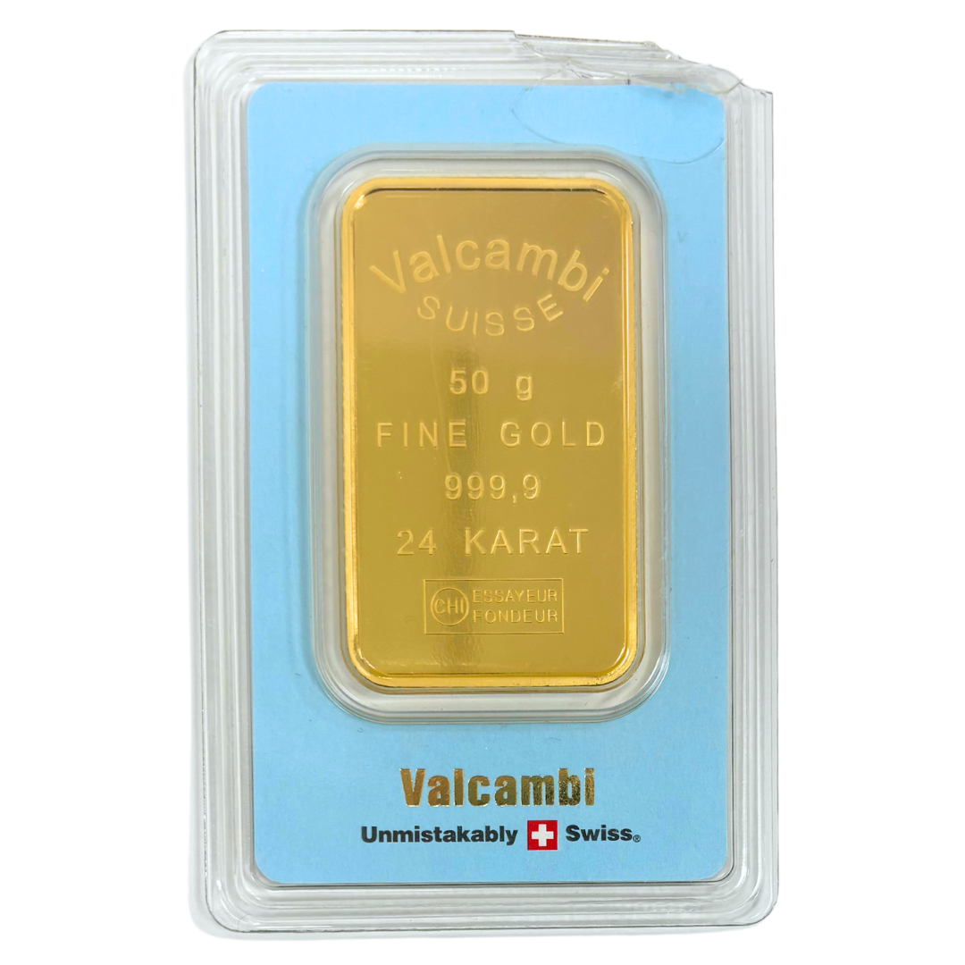 50 gram Valcambi Vintage Gold Bar with Blue Assay Card - MintedMarket