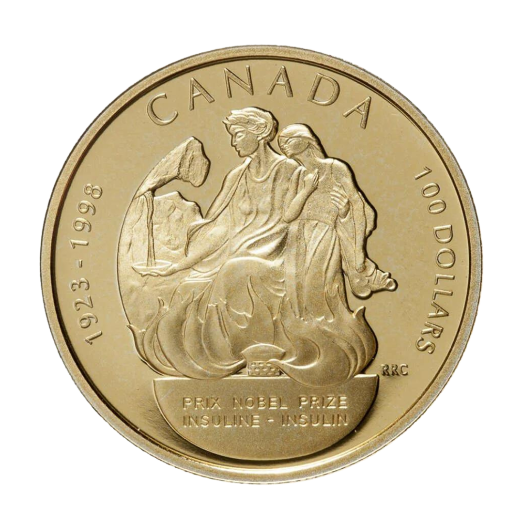 $100 75th Anniversary of the Nobel Prize for the Discovery of Insulin 14k Gold Coin 1998