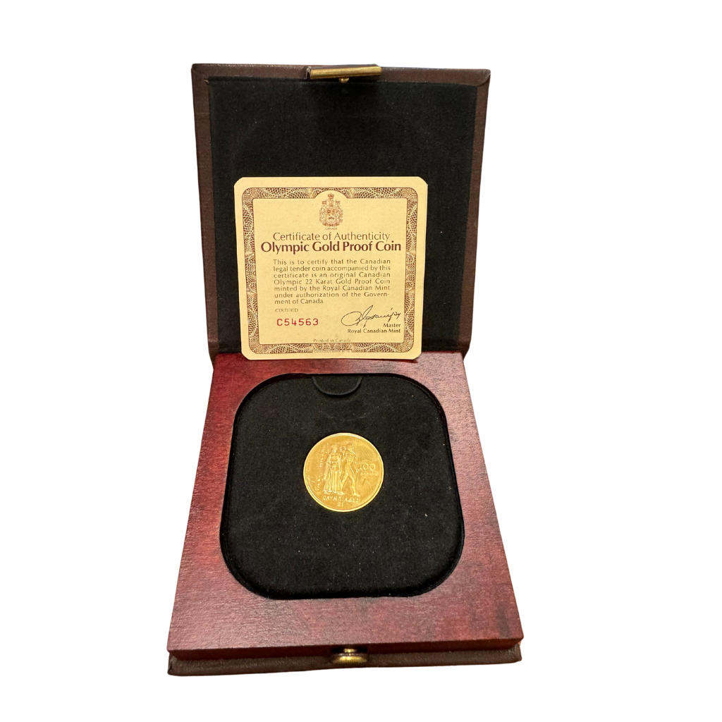 $100 Montreal Olympics 22k Gold Coin 1976 with Box and Certificate - MintedMarket