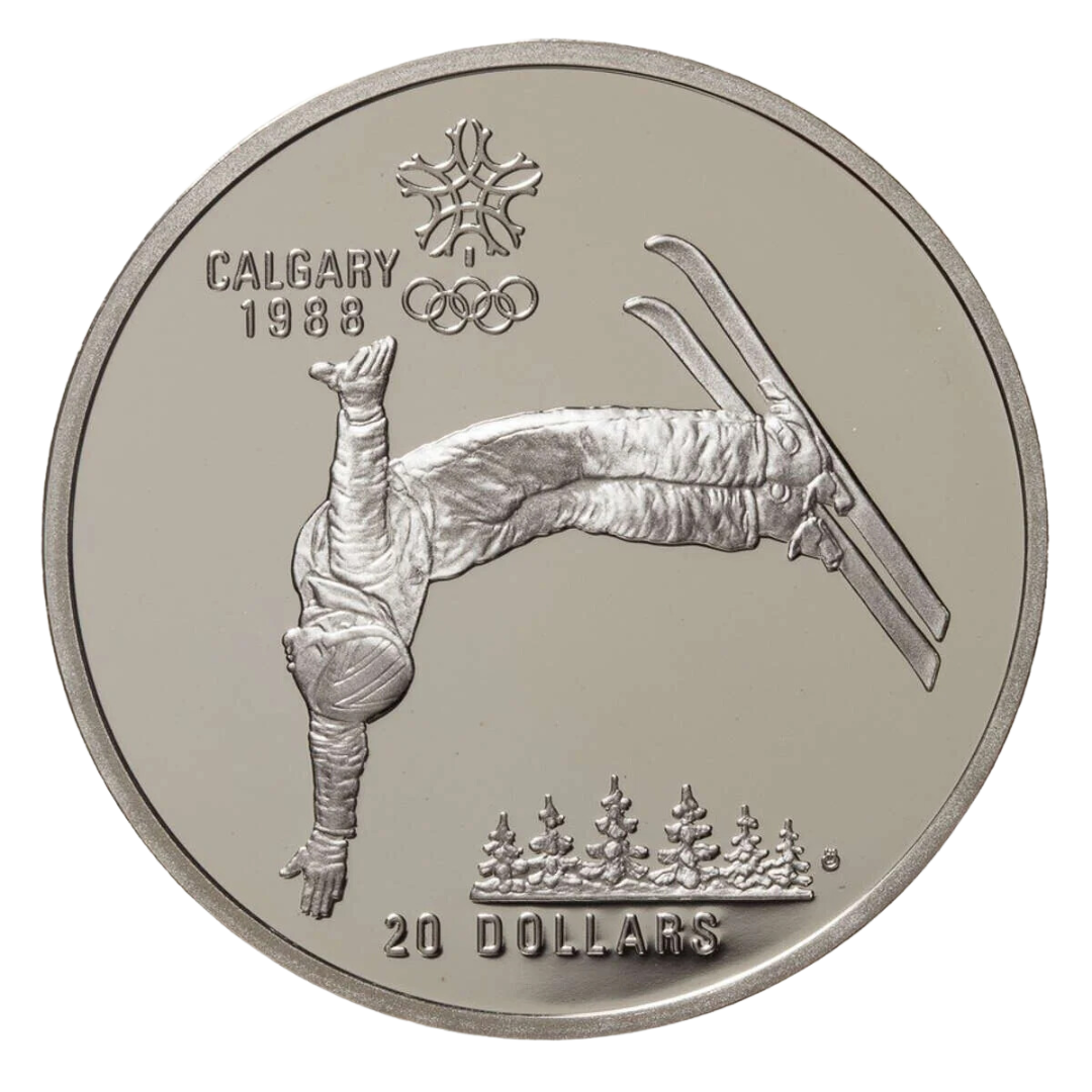 $20 Calgary Olympics Freestyle Skiing Silver Coin 1986