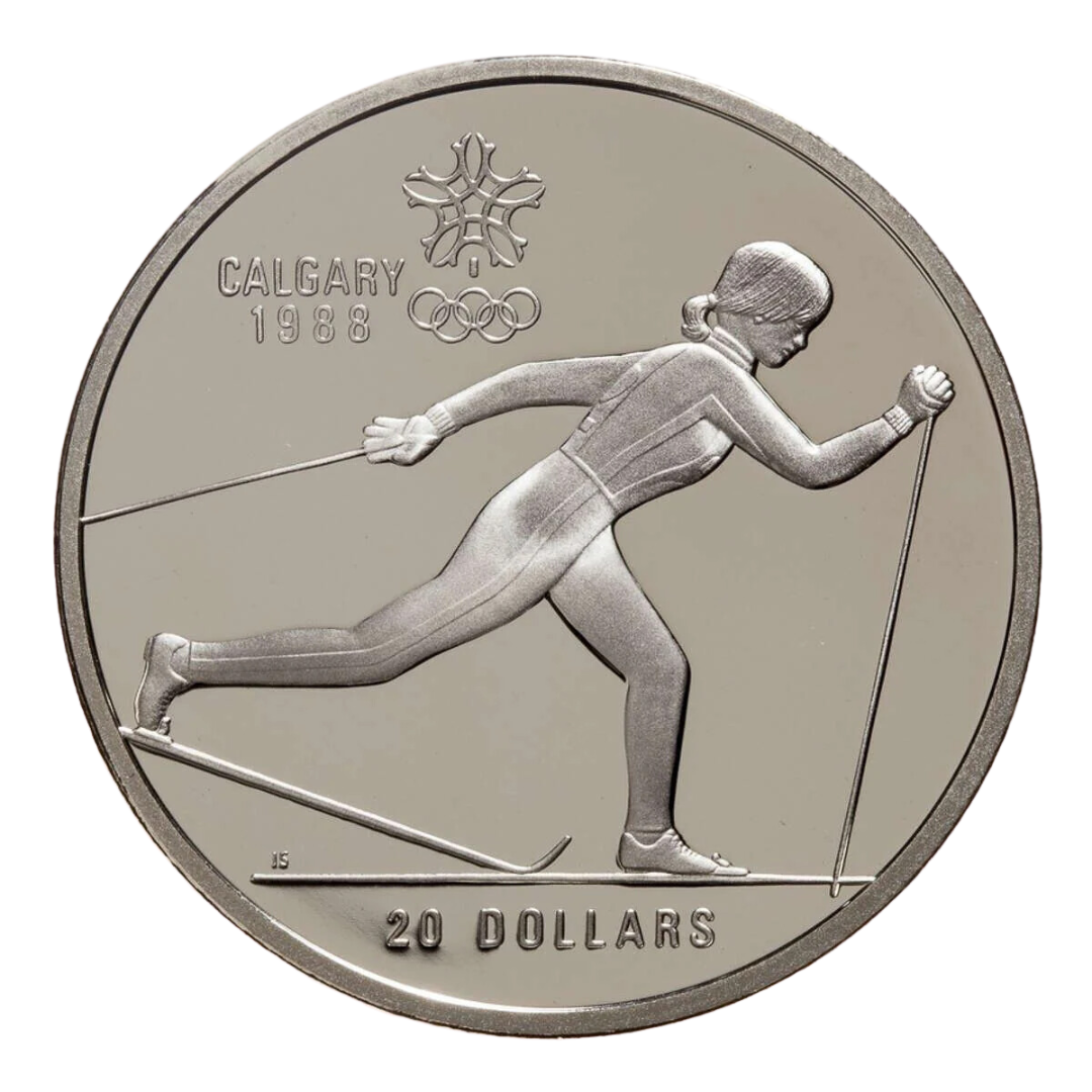 $20 Calgary Olympics Cross-Country Skiing Silver Coin 1986