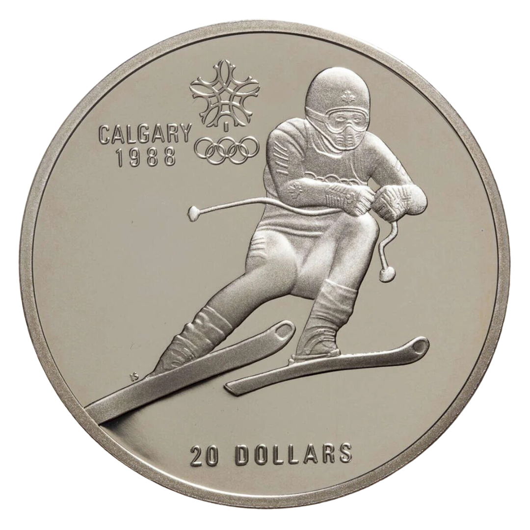 $20 Calgary Olympics Downhill Skiing Silver Coin 1985