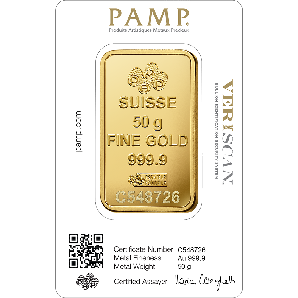 50 gram PAMP Suisse Lady Fortuna Gold Bar - MintedMarket