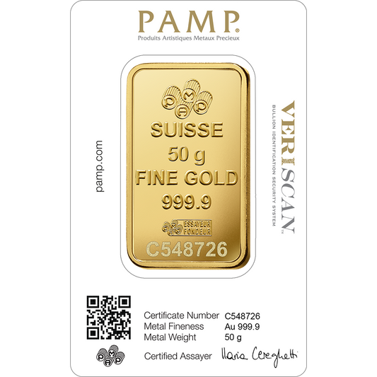 50 gram PAMP Suisse Lady Fortuna Gold Bar - MintedMarket