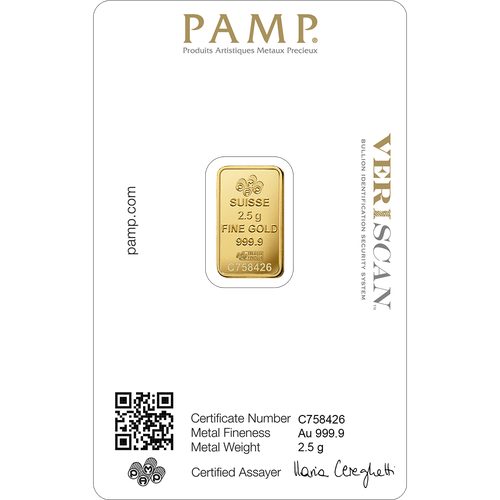 2.5 gram PAMP Suisse Lady Fortuna Gold Bar - MintedMarket